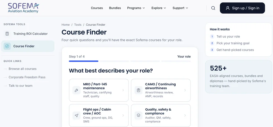 The Course Finder on the Sofema site, at step 1 of 4: What best describes your role?