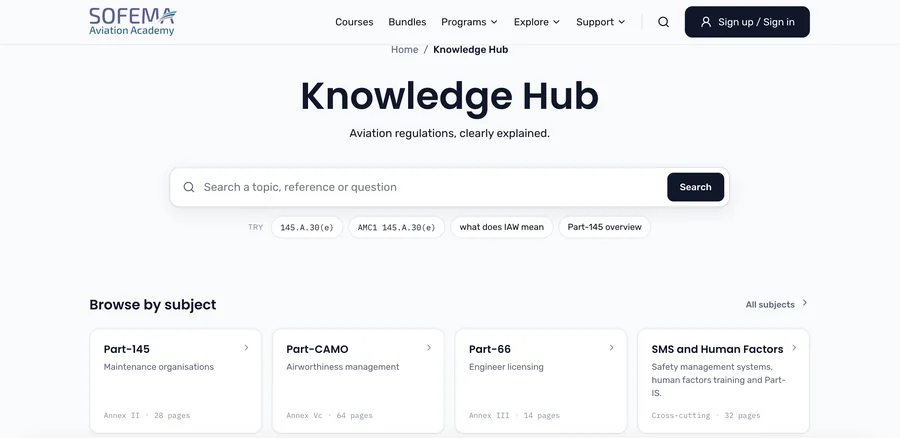 The Sofema Knowledge Hub home page: a search box with example searches, and four subjects to browse.
