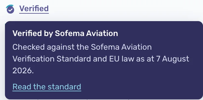 A Knowledge Hub page with a Verified badge. Its note reads: Verified by Sofema Aviation. Checked against the Sofema Aviation Verification Standard and EU law as at 7 August 2026.