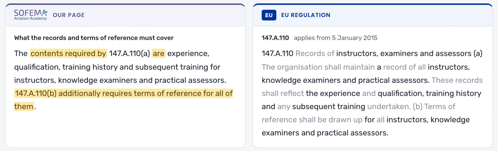 The review screen: a statement from the hub page on the left, the EU regulation text on the right, differing words highlighted, and two buttons: Yes, same meaning, and No, something's different.
