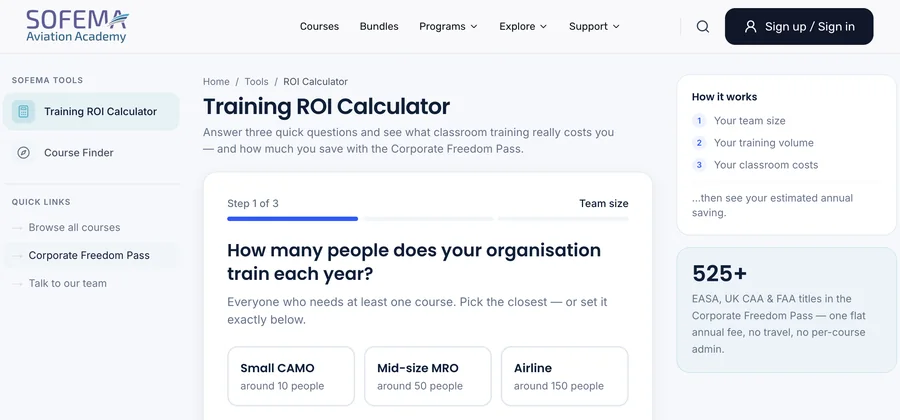 The Training ROI Calculator on the Sofema site, at step 1 of 3: How many people does your organisation train each year?