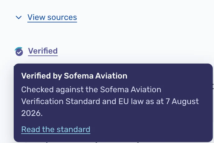A Knowledge Hub page with a Verified badge. Its note reads: Verified by Sofema Aviation. Checked against the Sofema Aviation Verification Standard and EU law as at 7 August 2026.