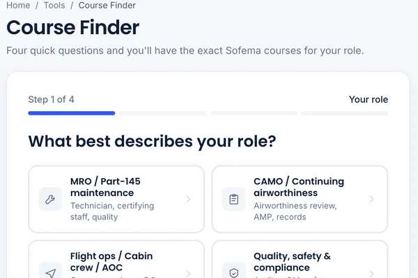 The Course Finder on the Sofema site, at step 1 of 4: What best describes your role?