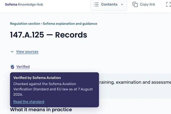 A Knowledge Hub page with a Verified badge. Its note reads: Verified by Sofema Aviation. Checked against the Sofema Aviation Verification Standard and EU law as at 7 August 2026.