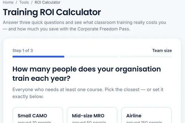 The Training ROI Calculator on the Sofema site, at step 1 of 3: How many people does your organisation train each year?