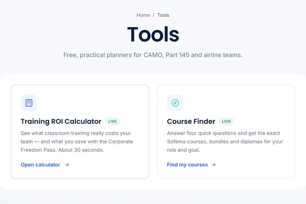 The Tools page on the Sofema site, listing the Training ROI Calculator and the Course Finder, each marked Live.
