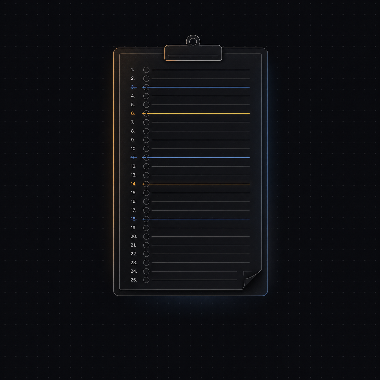 Stylised diagnostic clipboard listing 25 buyer questions, with selected rows highlighted in amber and blue.