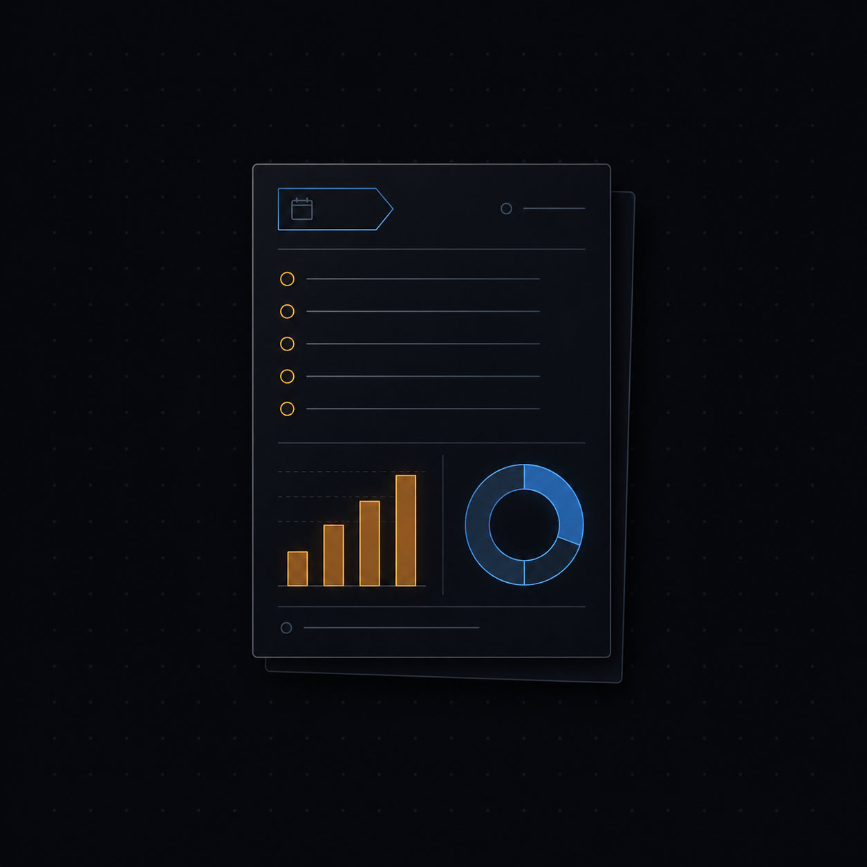 A weekly demand memo card with a top-questions list, an amber bar chart, and a blue route-share ring chart.