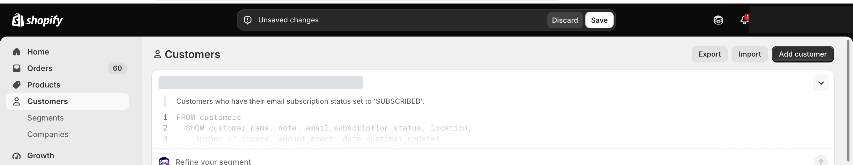Shopify admin, Customers. A saved view described as customers whose email subscription status is set to SUBSCRIBED. The count sits above the customer list.